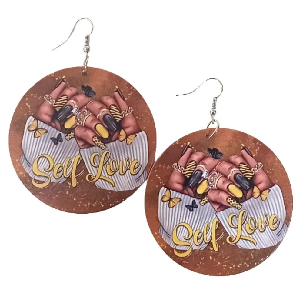 Self Love Nails Yellow Black Medium Statement Dangle Wood Earrings